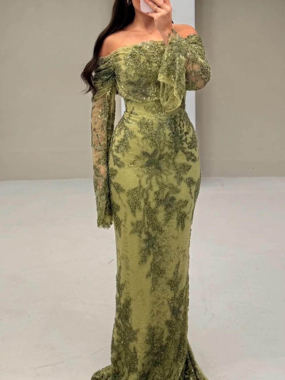 Olive Green Off-Shoulder Embellished Couture Evening Gown Nikkah Dress